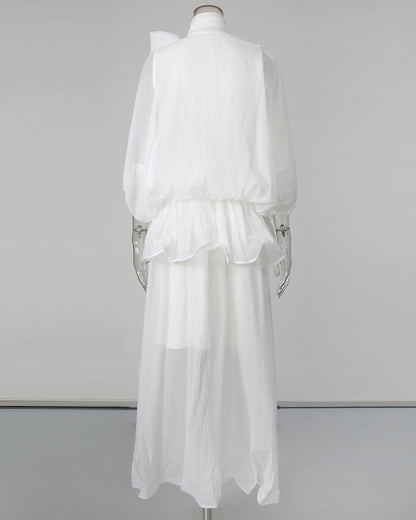 White Lace Up Ruffled Sheer Long Dress