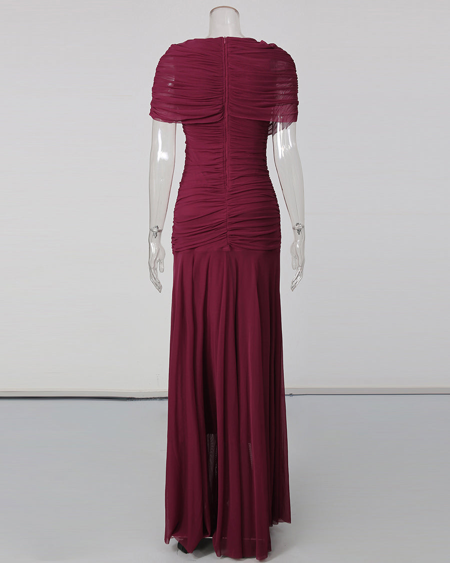 Wine Red Ruched Waist Draped Maxi Dress