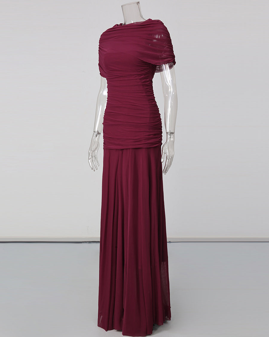 Wine Red Ruched Waist Draped Maxi Dress