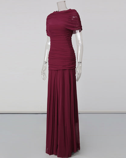 Wine Red Ruched Waist Draped Maxi Dress