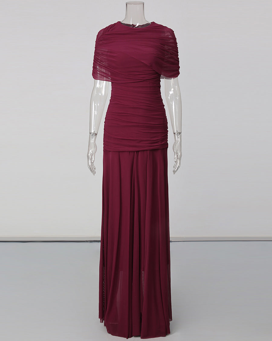 Wine Red Ruched Waist Draped Maxi Dress