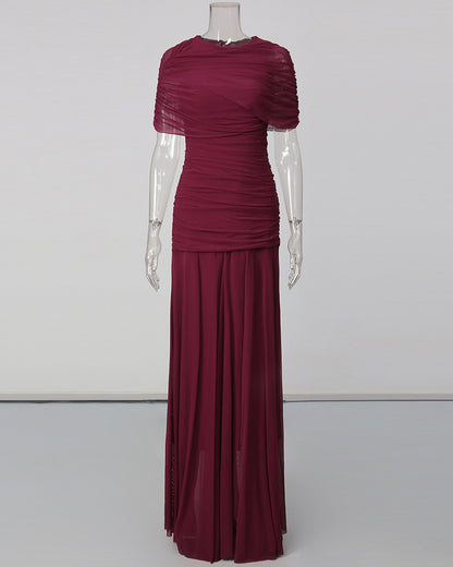 Wine Red Ruched Waist Draped Maxi Dress