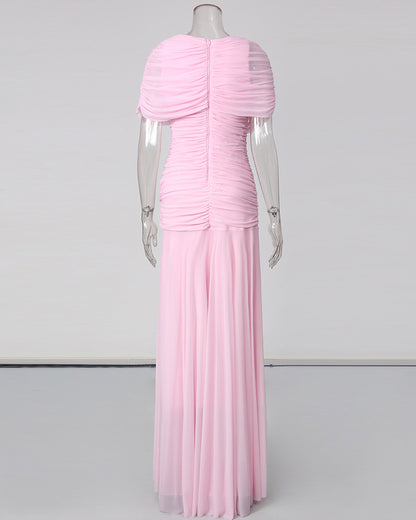 Pink Ruched Waist Draped Maxi Dress