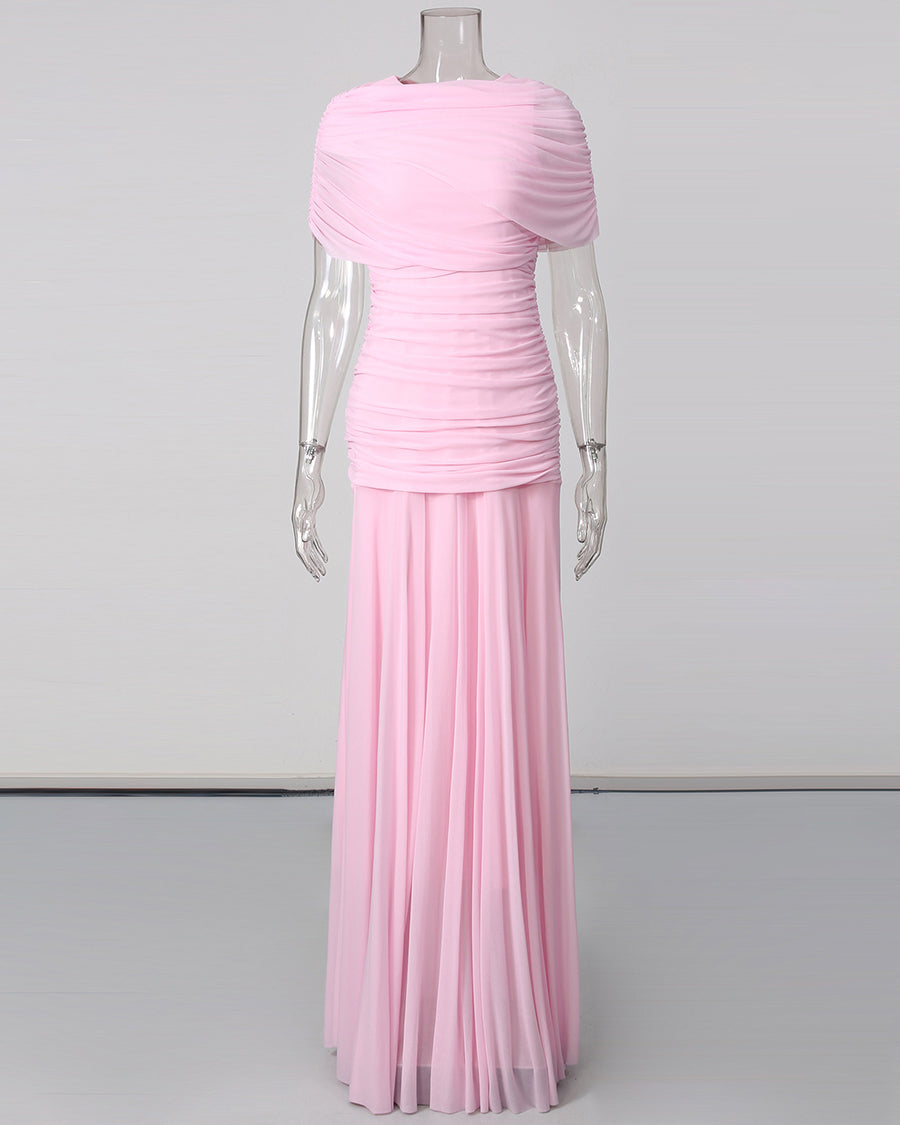 Pink Ruched Waist Draped Maxi Dress