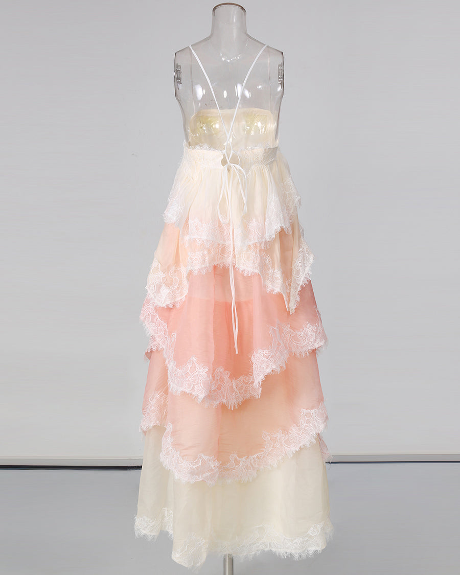 Pink Ombre Lace Tiered Midi Dress