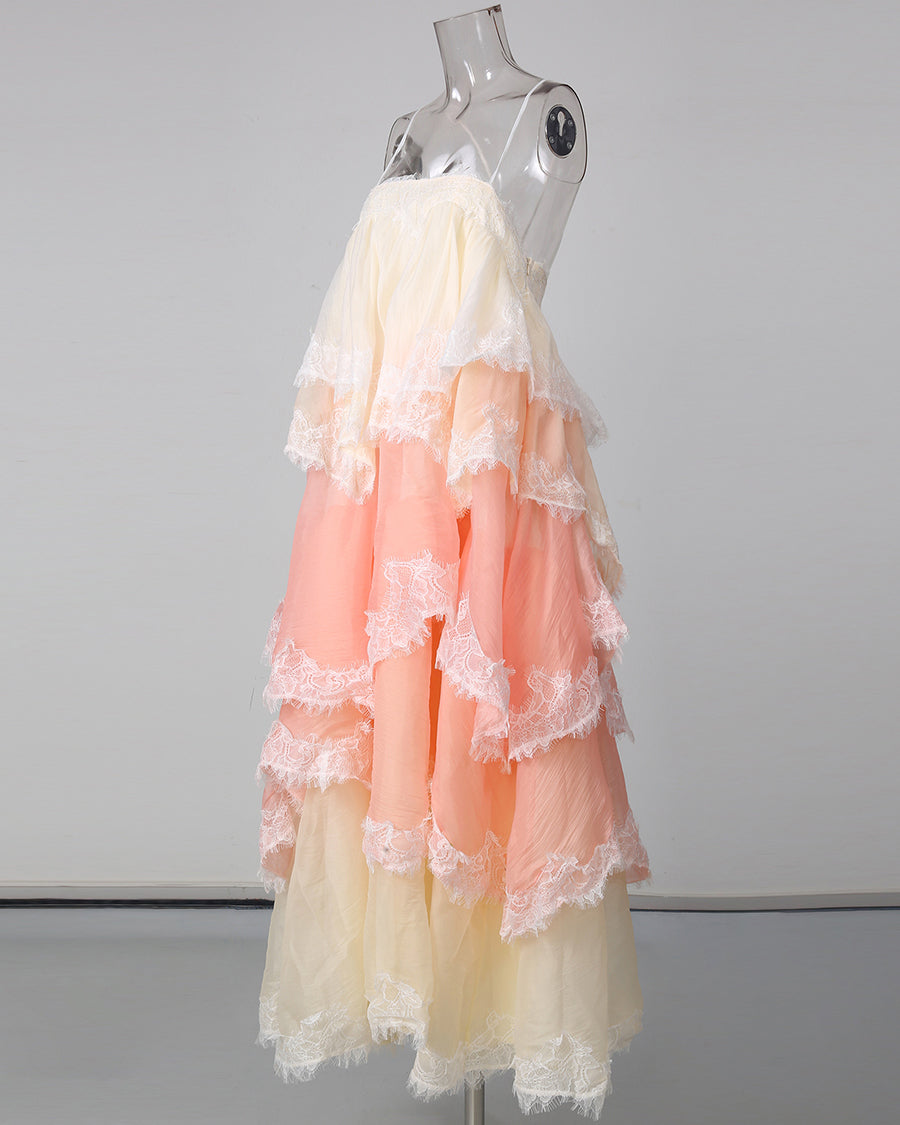 Pink Ombre Lace Tiered Midi Dress