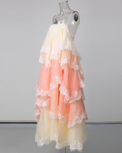 Pink Ombre Lace Tiered Midi Dress