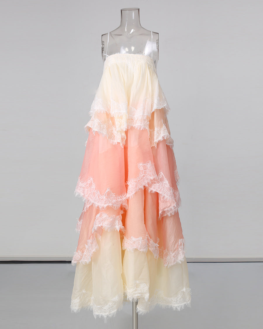 Pink Ombre Lace Tiered Midi Dress
