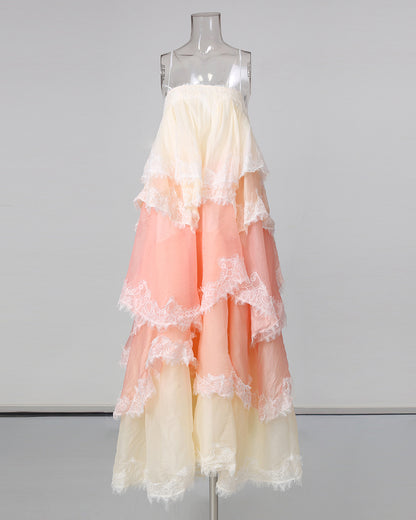 Pink Ombre Lace Tiered Midi Dress