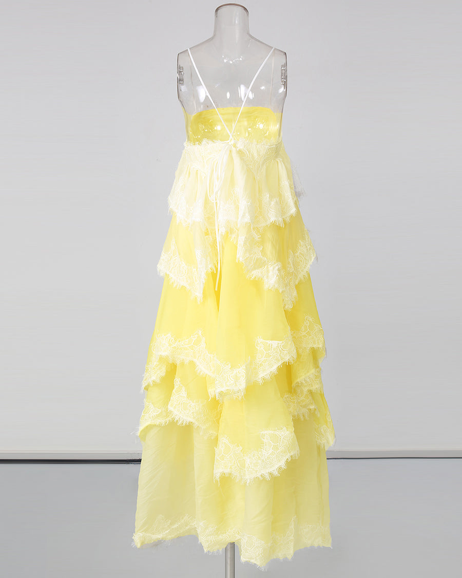 Yellow Ombre Lace Tiered Midi Dress