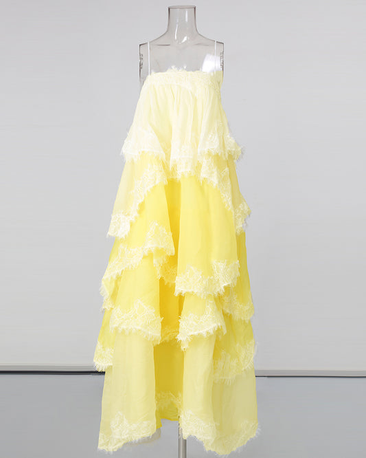 Yellow Ombre Lace Tiered Midi Dress