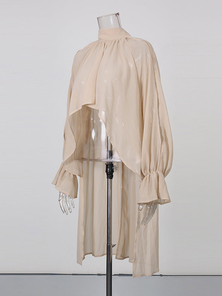 Romantic Blush High Neck Asymmetric Chiffon Blouse