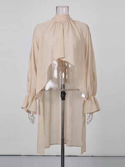 Romantic Blush High Neck Asymmetric Chiffon Blouse