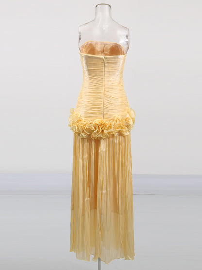 Elegant Yellow Strapless Maxi Dress with Ruffled Detail