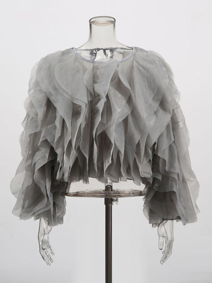 Chic Gray Ruffled Organza Crop Top