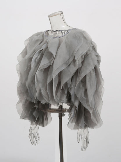 Chic Gray Ruffled Organza Crop Top