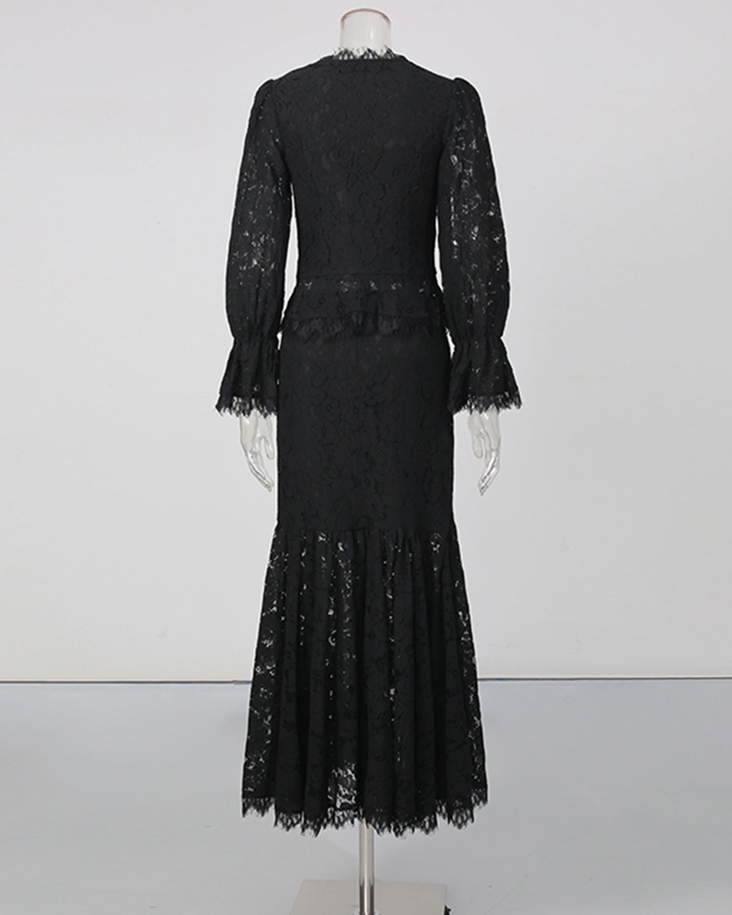 Black V-Neck Lace Flare Sleeve Mermaid Skirt Set