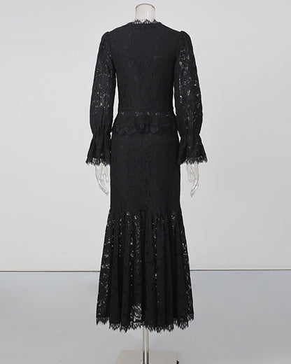 Black V-Neck Lace Flare Sleeve Mermaid Skirt Set