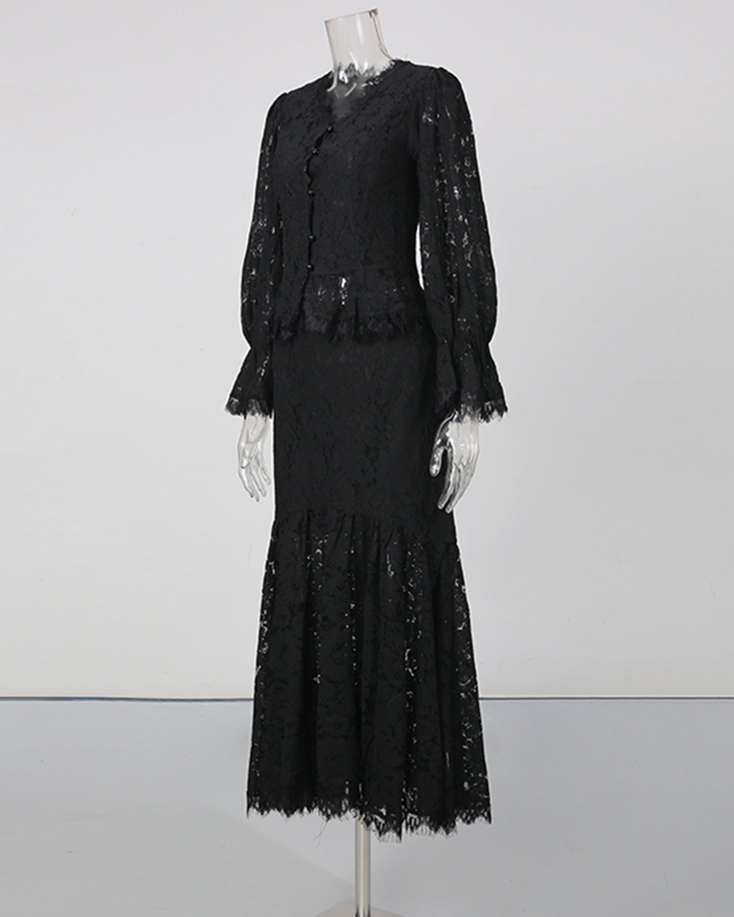 Black V-Neck Lace Flare Sleeve Mermaid Skirt Set