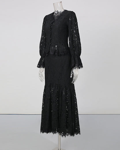 Black V-Neck Lace Flare Sleeve Mermaid Skirt Set