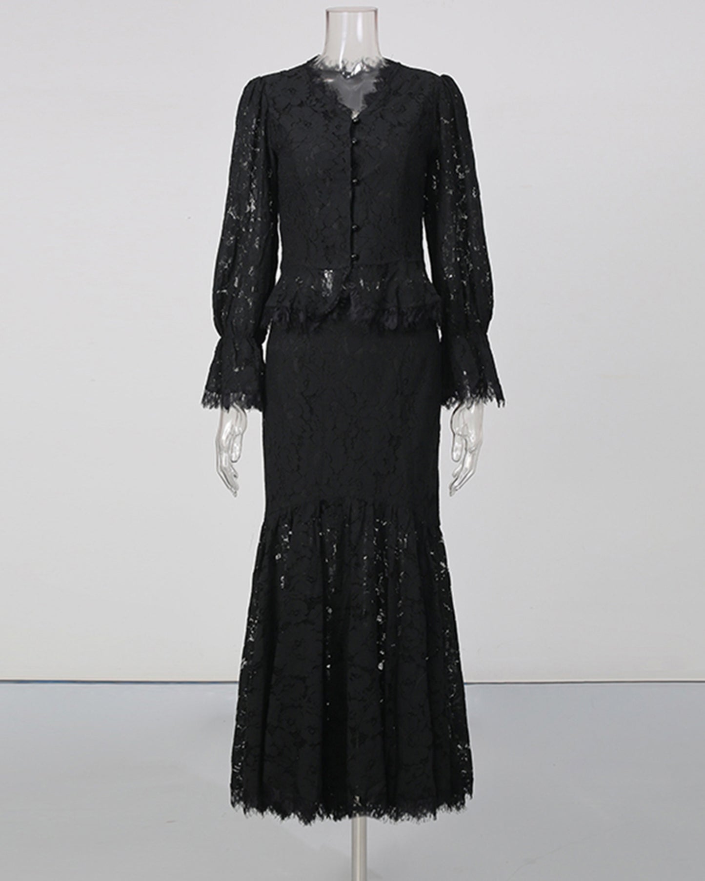 Black V-Neck Lace Flare Sleeve Mermaid Skirt Set