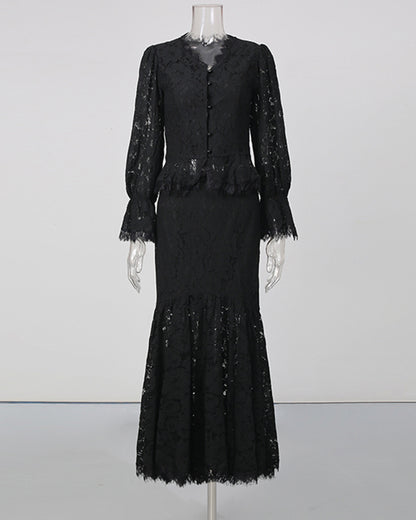 Black V-Neck Lace Flare Sleeve Mermaid Skirt Set
