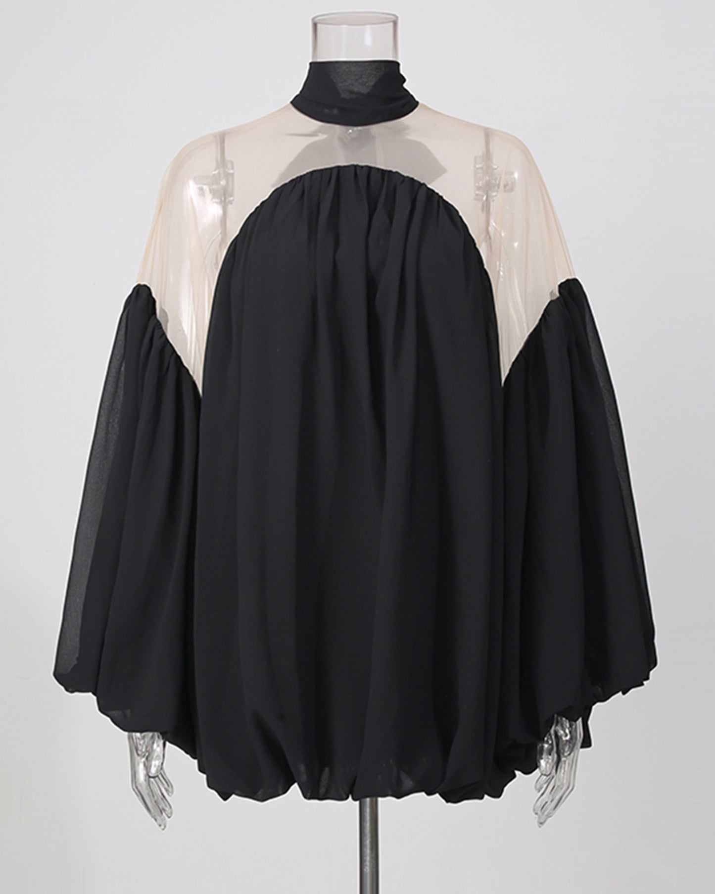 Black Mesh Insert Puff Sleeve Babydoll Top