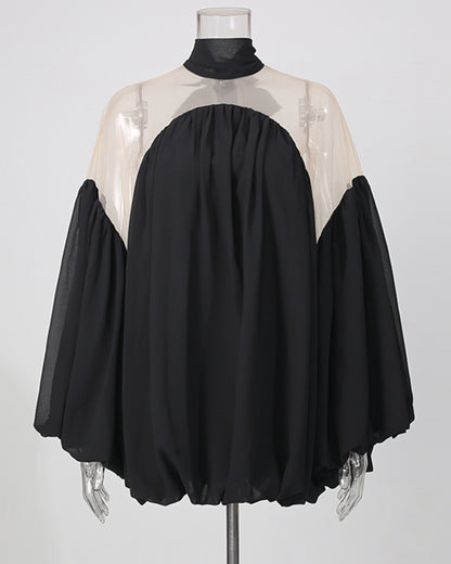 Black Mesh Insert Puff Sleeve Babydoll Top