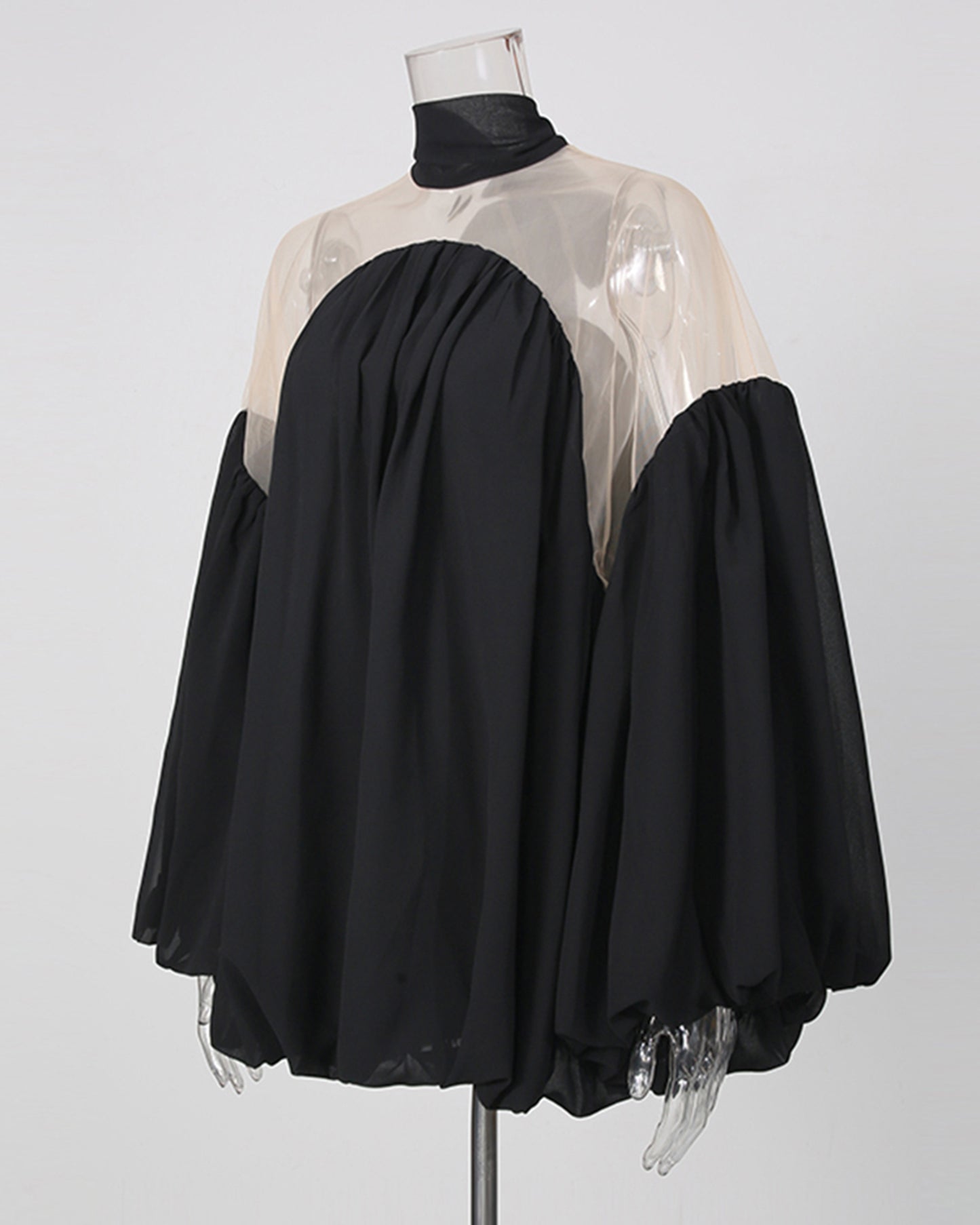 Black Mesh Insert Puff Sleeve Babydoll Top