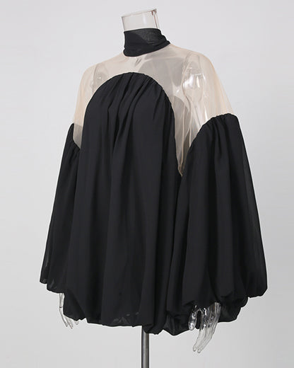 Black Mesh Insert Puff Sleeve Babydoll Top
