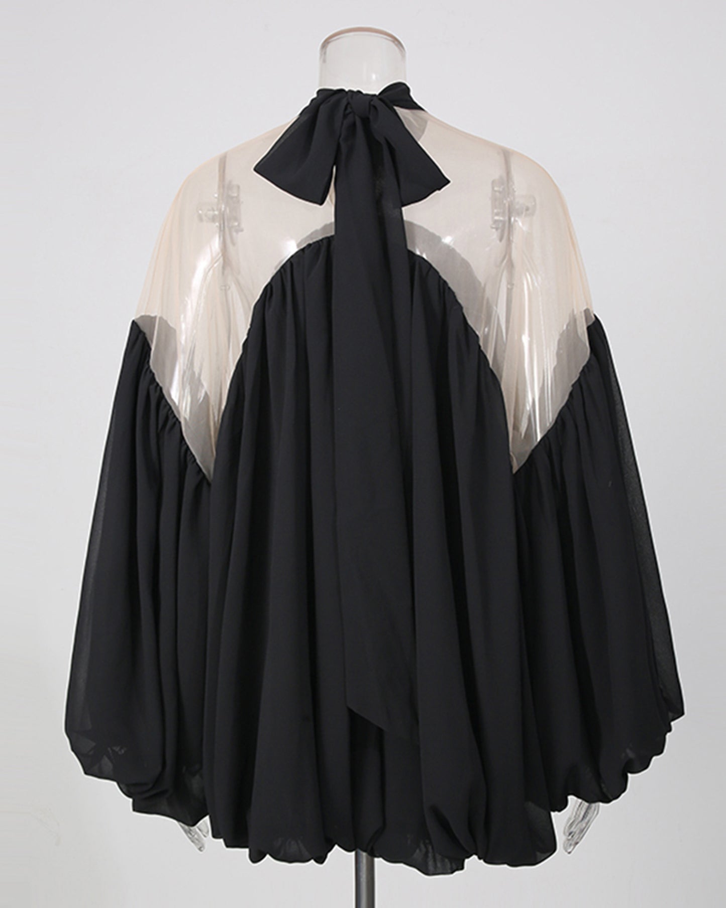 Black Mesh Insert Puff Sleeve Babydoll Top