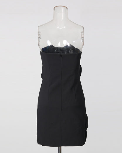 Black 3D Flower Strapless Mini Dress