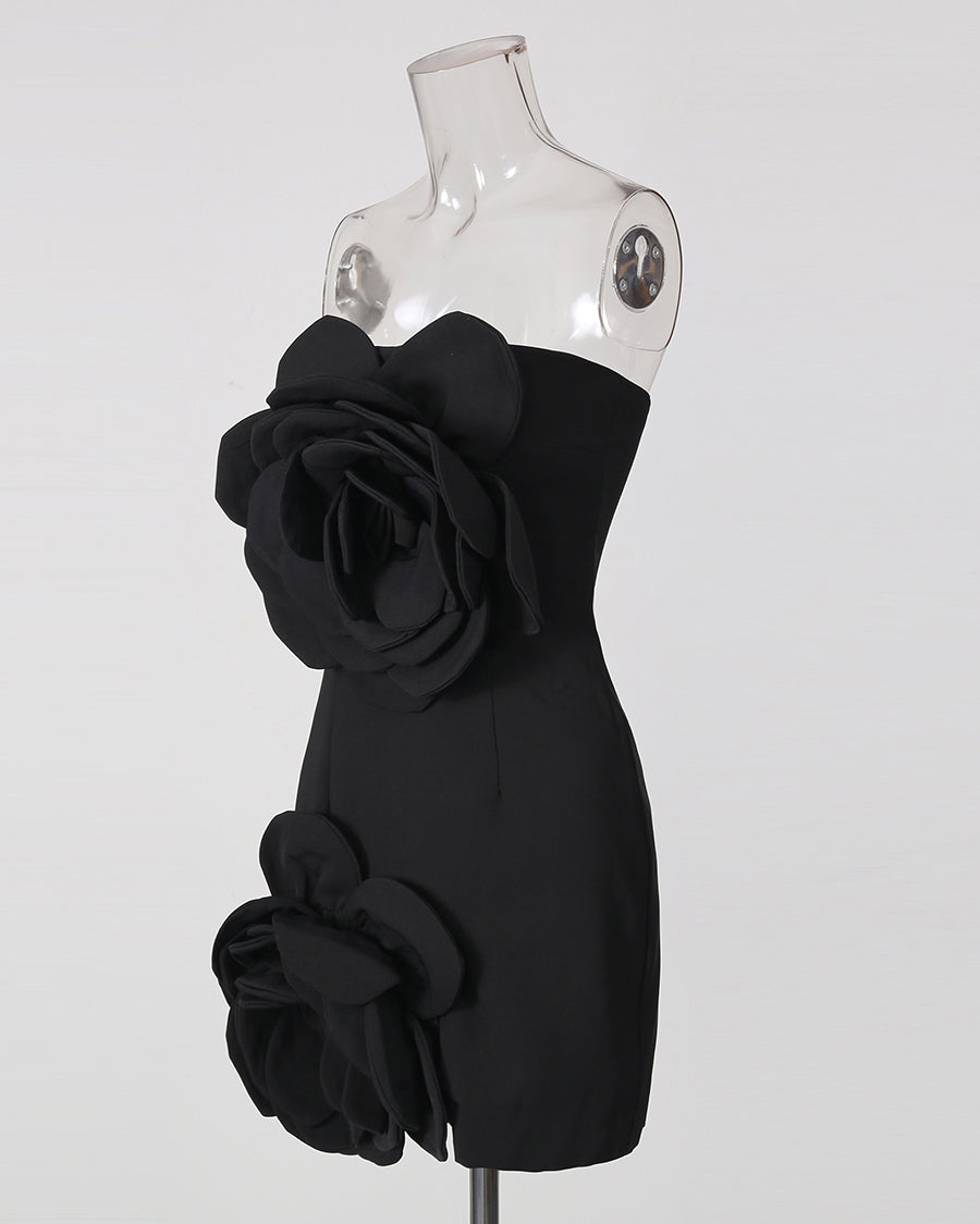 Black 3D Flower Strapless Mini Dress