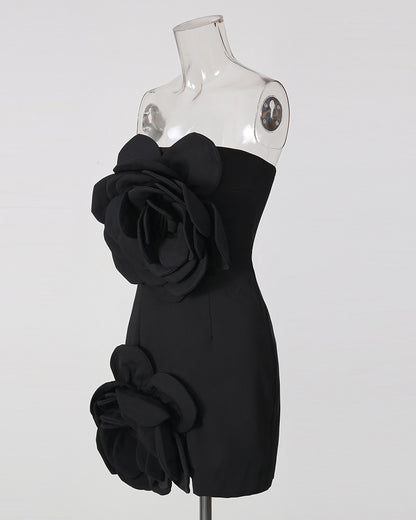 Black 3D Flower Strapless Mini Dress