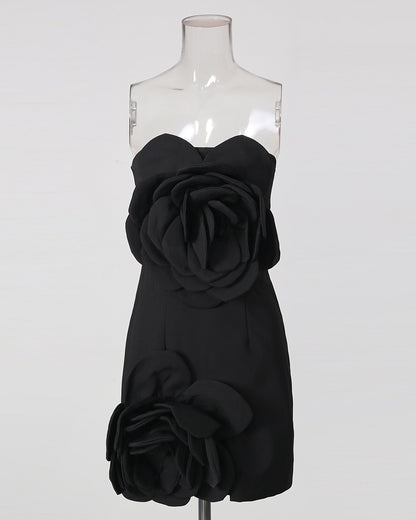 Black 3D Flower Strapless Mini Dress