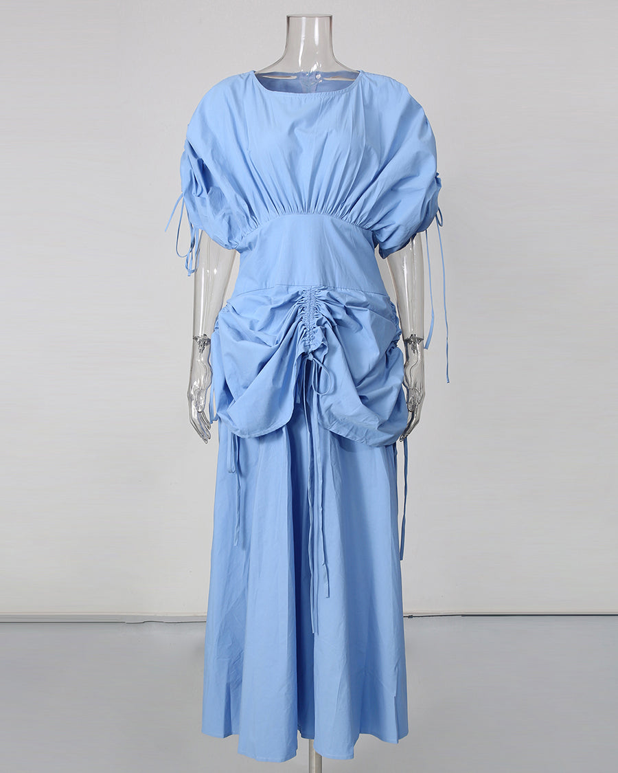 Blue Drawstring Ruched Midi Dress