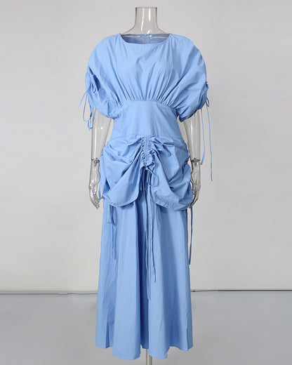 Blue Drawstring Ruched Midi Dress