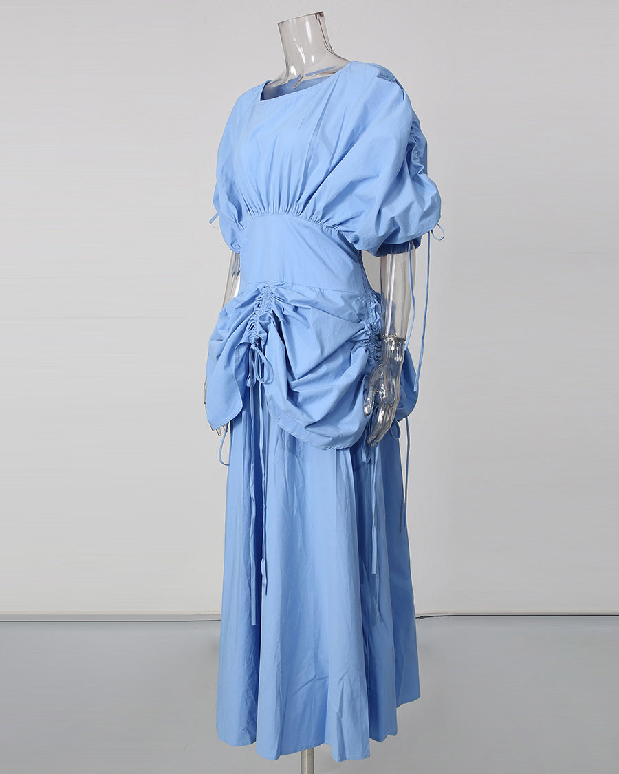 Blue Drawstring Ruched Midi Dress