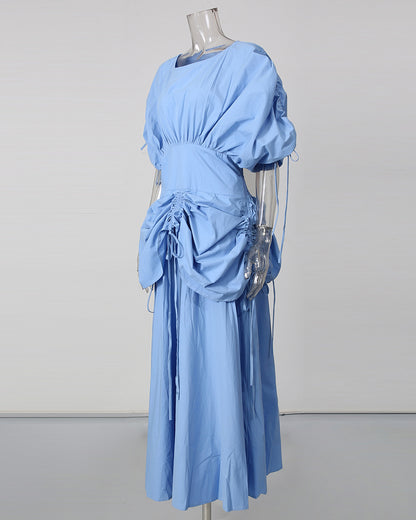 Blue Drawstring Ruched Midi Dress