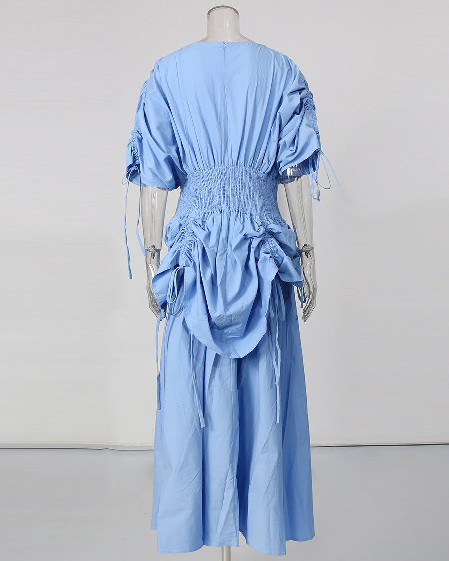 Blue Drawstring Ruched Midi Dress