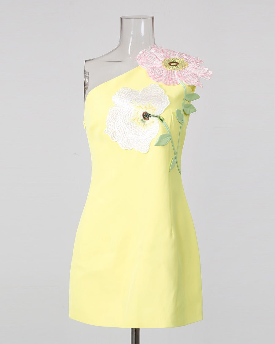 Yellow One-Shoulder Floral Appliqué Mini Dress