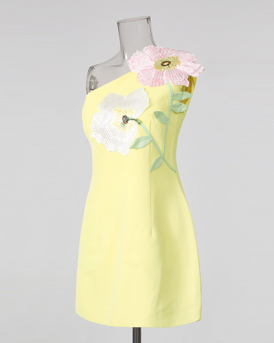 Yellow One-Shoulder Floral Appliqué Mini Dress