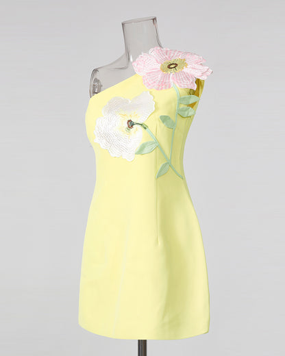 Yellow One-Shoulder Floral Appliqué Mini Dress