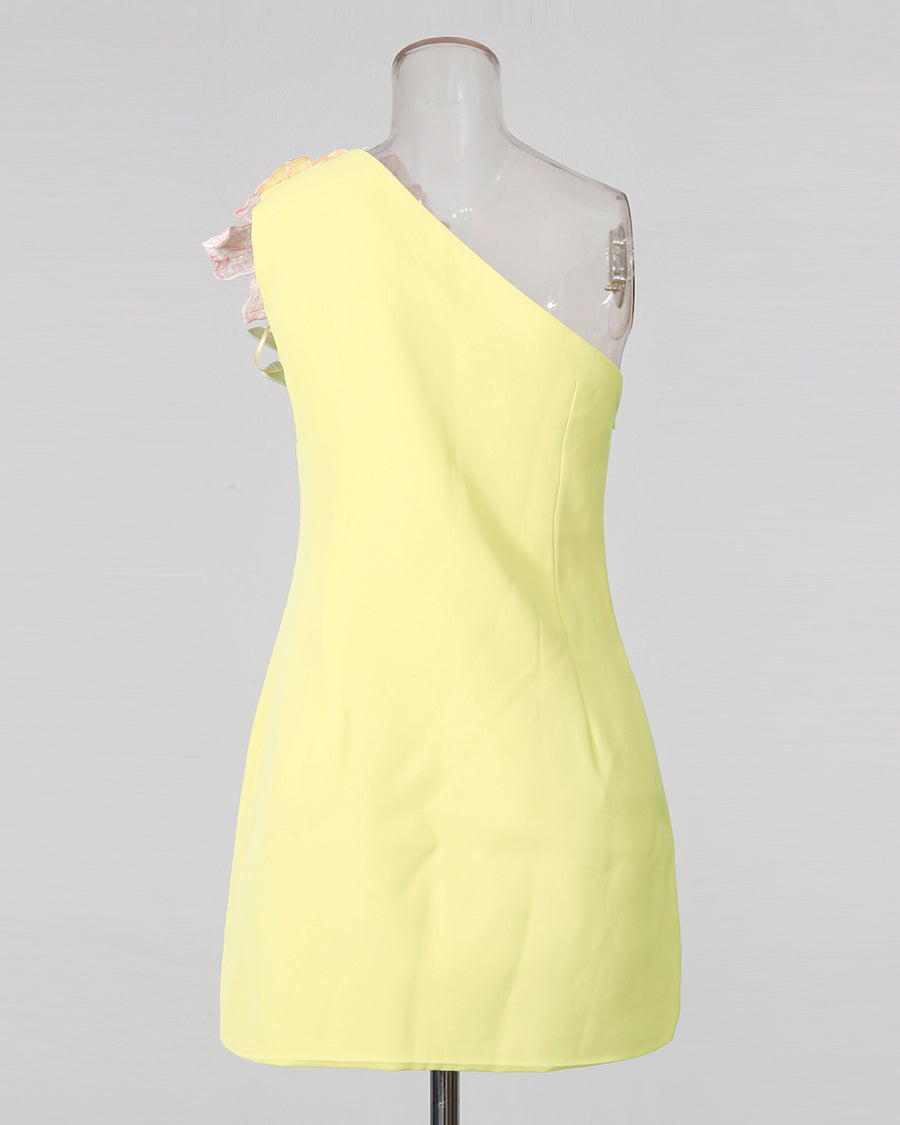 Yellow One-Shoulder Floral Appliqué Mini Dress