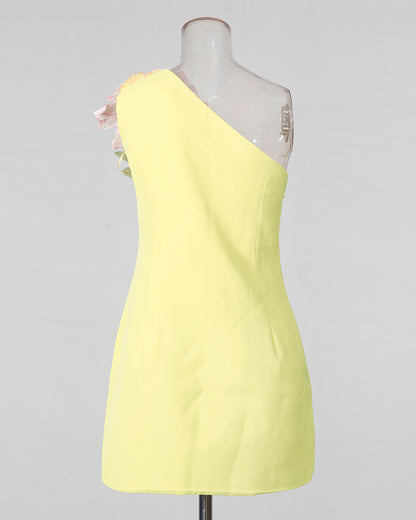 Yellow One-Shoulder Floral Appliqué Mini Dress