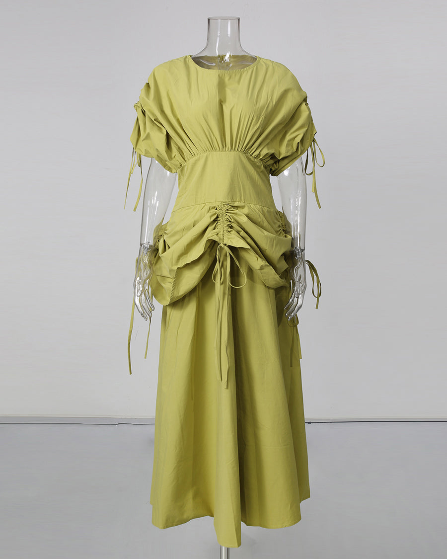 Green Drawstring Ruched Midi Dress