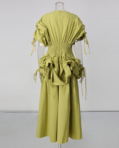Green Drawstring Ruched Midi Dress