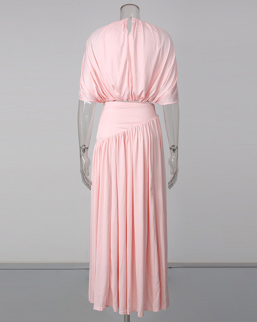 Pink Ruched Crop Top Flowy Maxi Skirt Set