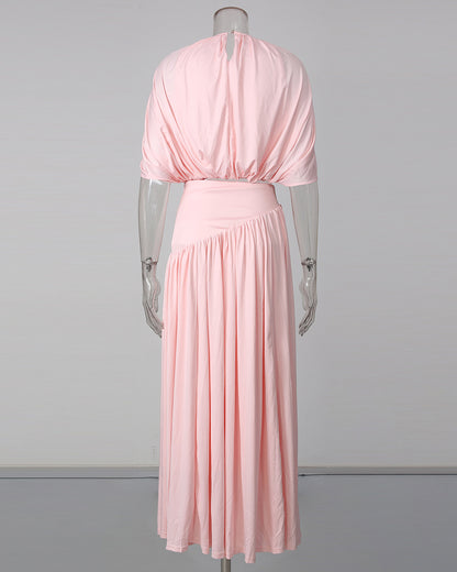 Pink Ruched Crop Top Flowy Maxi Skirt Set