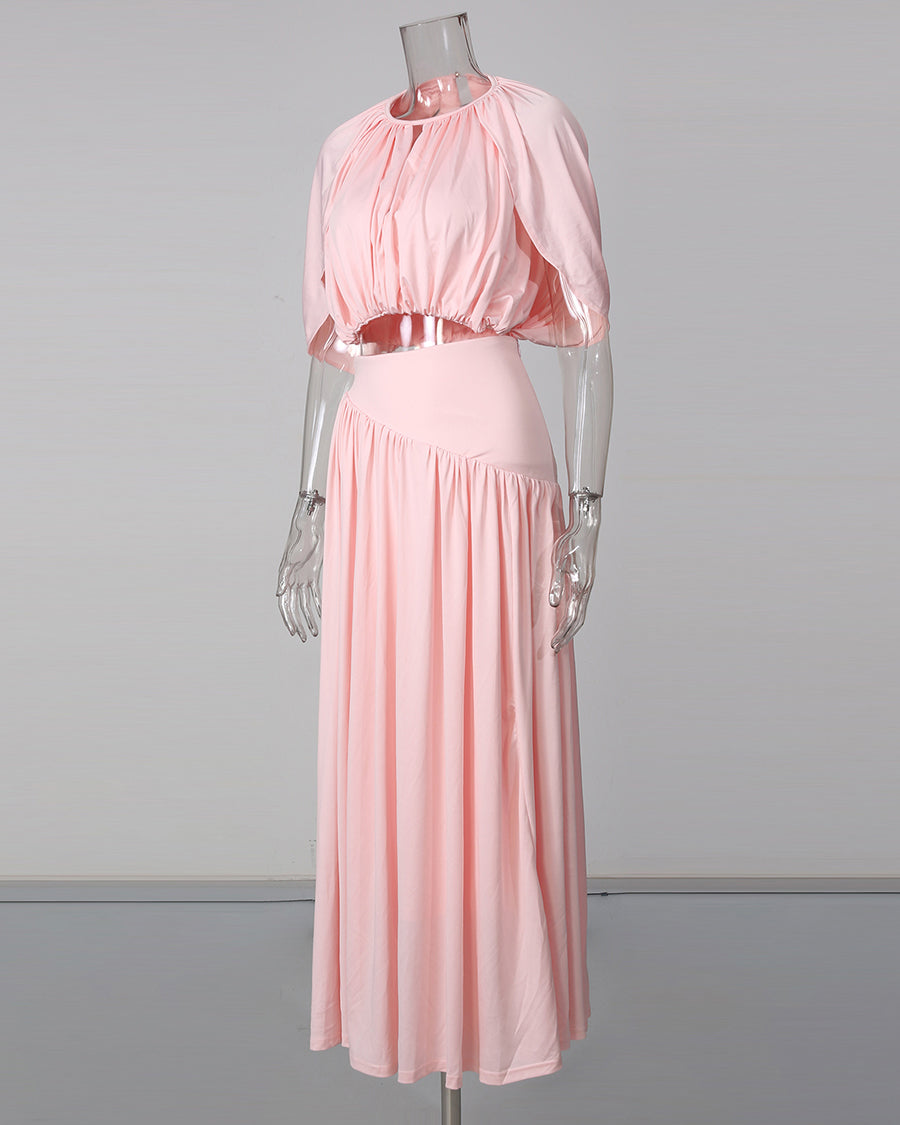 Pink Ruched Crop Top Flowy Maxi Skirt Set